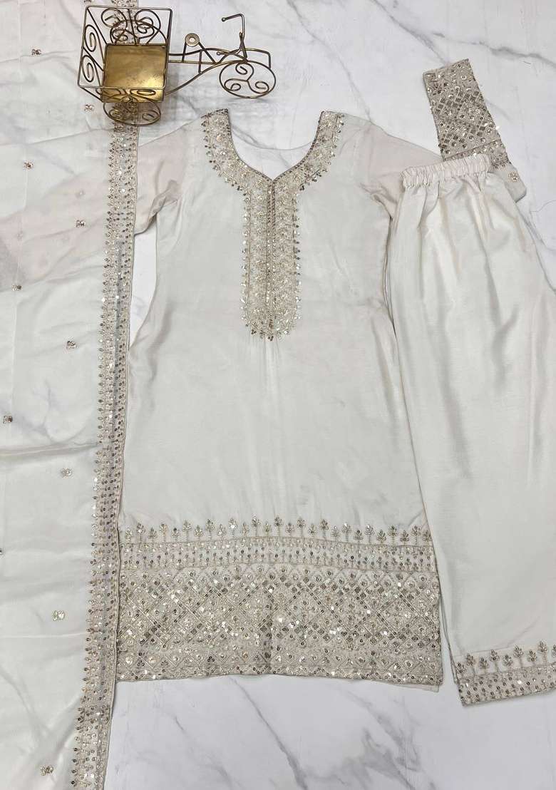 Off White Embroidered Silk Sharara Set - Indya
