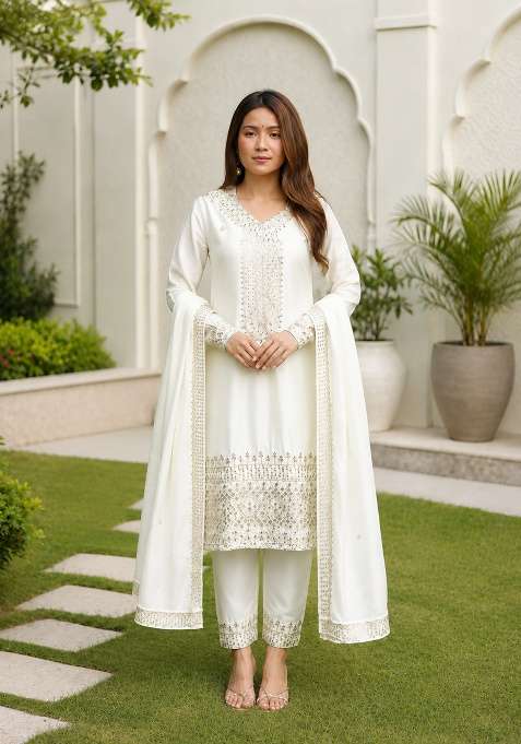 Off White Embroidered Silk Sharara Set