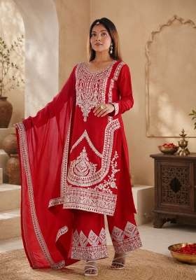 Red Embroidered Silk Sharara Set