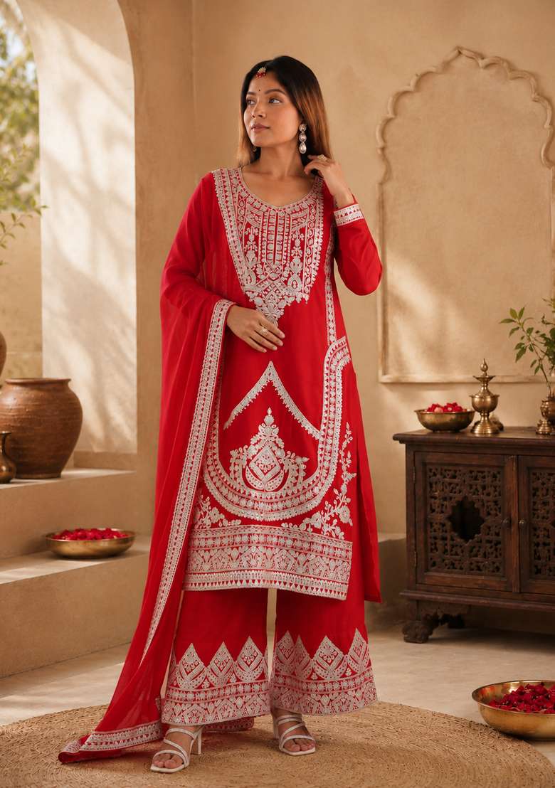 Red Embroidered Silk Sharara Set - Indya