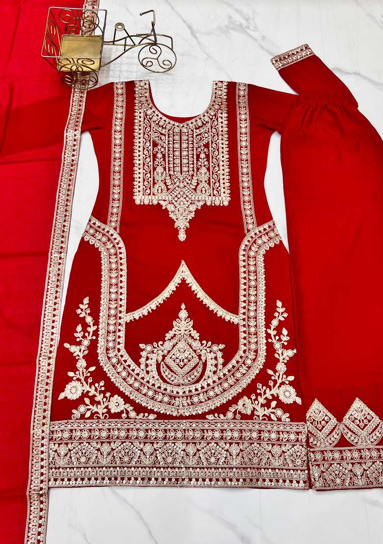 Red Embroidered Silk Sharara Set - Indya