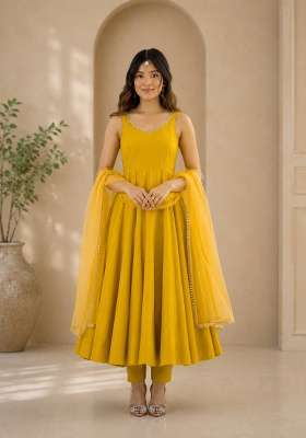 Yellow Lace Work Silk Anarkali Set