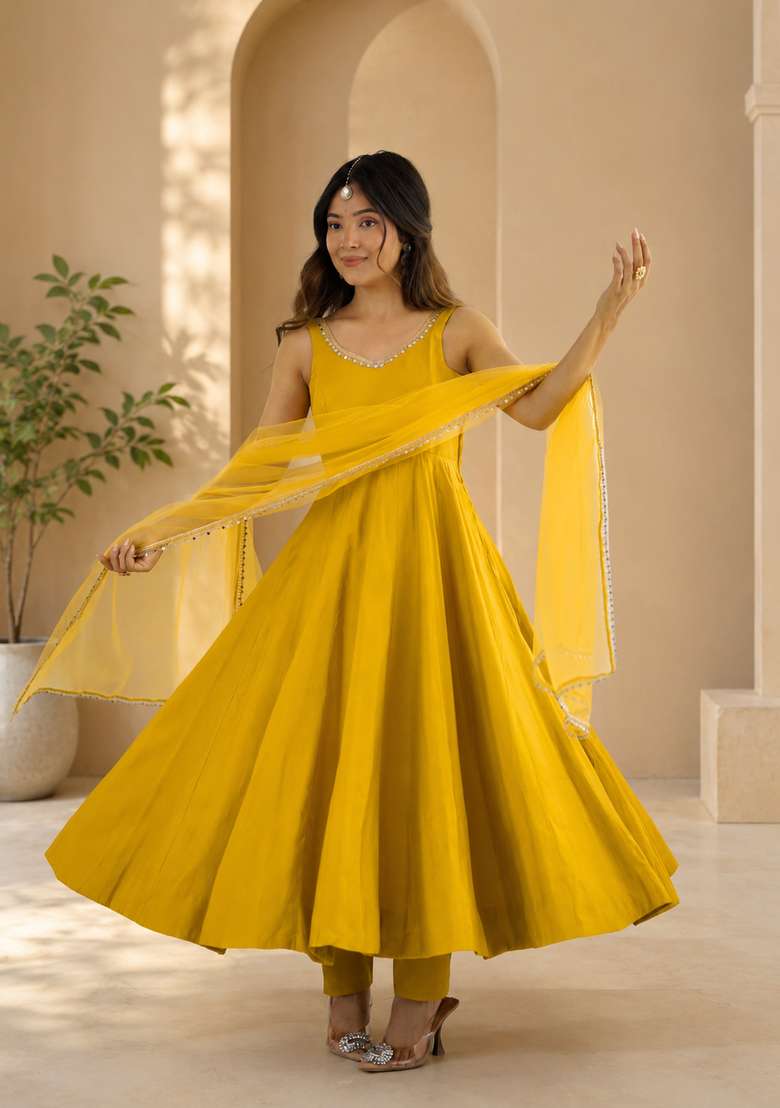Yellow Lace Work Silk Anarkali Set - Indya