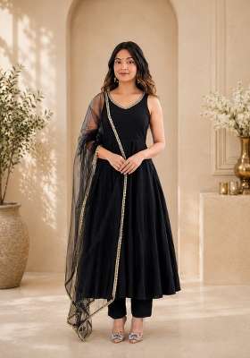 Black Lace Work Silk Anarkali Set