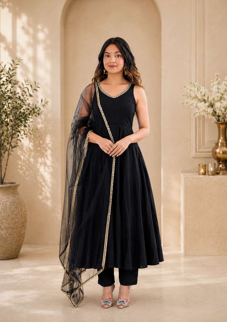 Black Lace Work Silk Anarkali Set - Indya