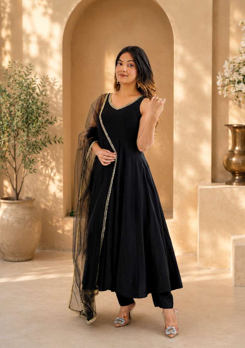 Black Lace Work Silk Anarkali Set - Indya