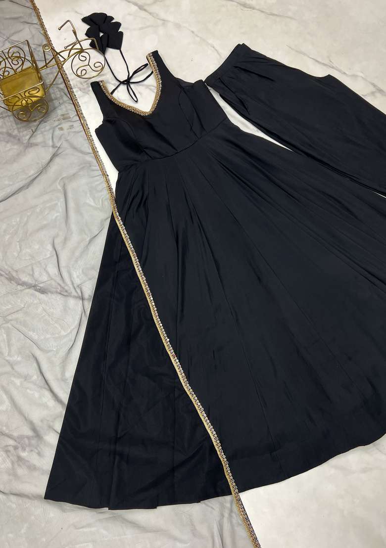 Black Lace Work Silk Anarkali Set - Indya