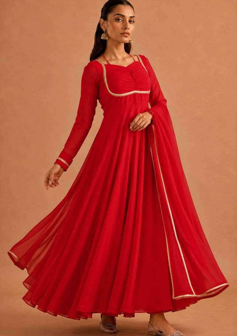 Red Plain Georgette Sharara Set - Indya