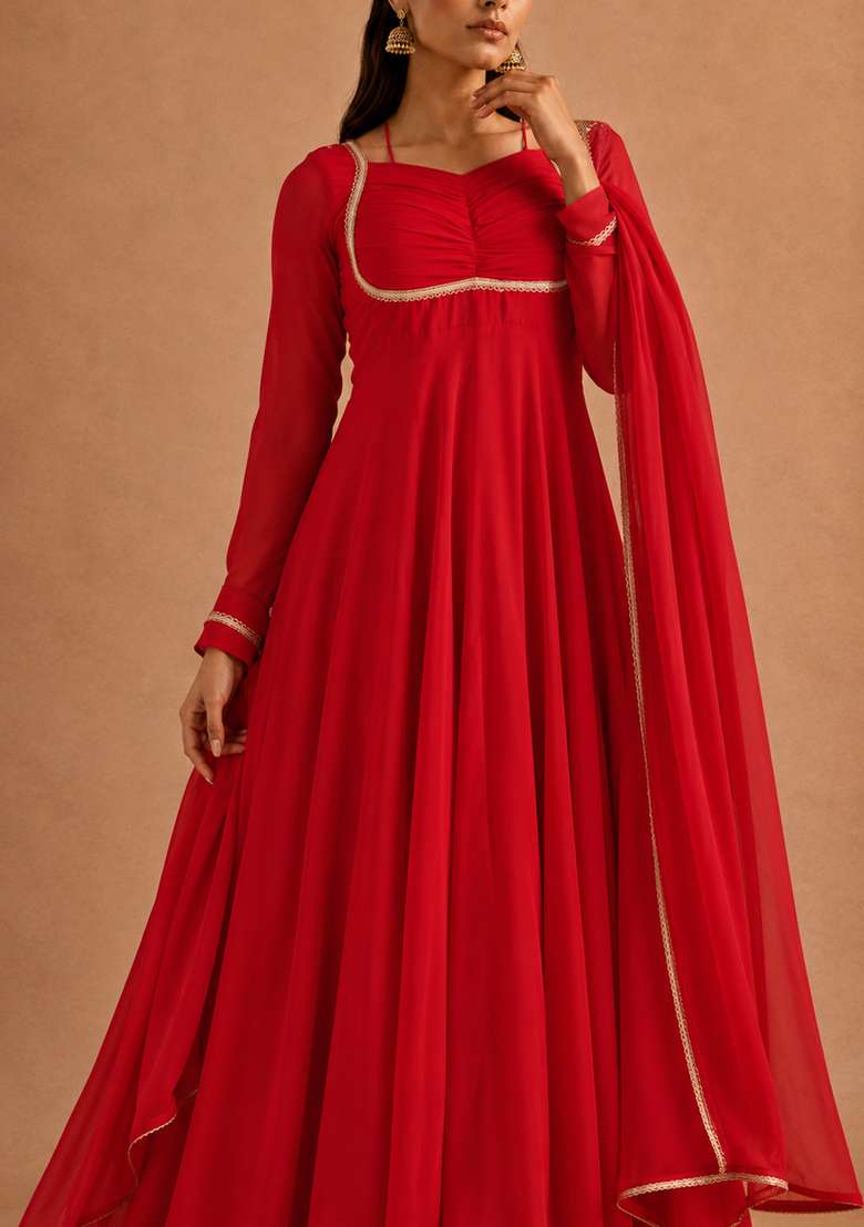 Red Plain Georgette Sharara Set - Indya