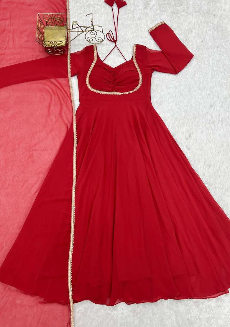 Red Plain Georgette Sharara Set - Indya
