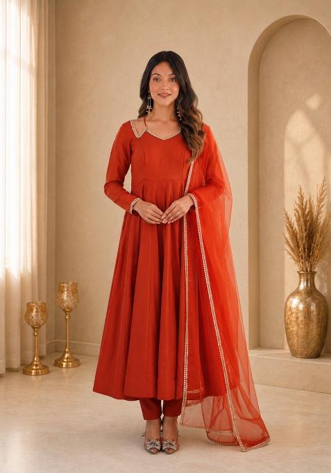 Orange Plain Silk Anarkali Set