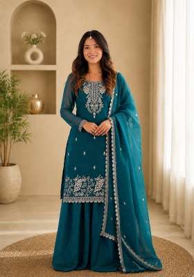 Teal Blue Embroidered Silk Sharara Set