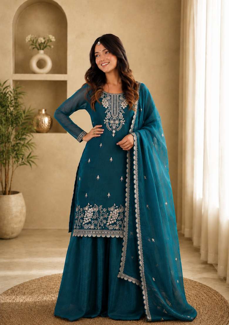 Teal Blue Embroidered Silk Sharara Set - Indya