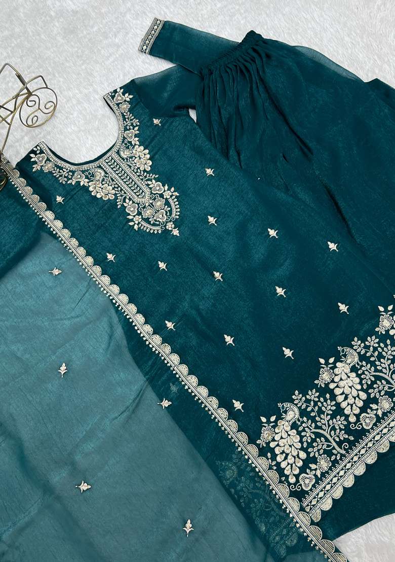 Teal Blue Embroidered Silk Sharara Set - Indya