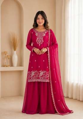 Dark Rani Pink Embroidered Silk Sharara Set