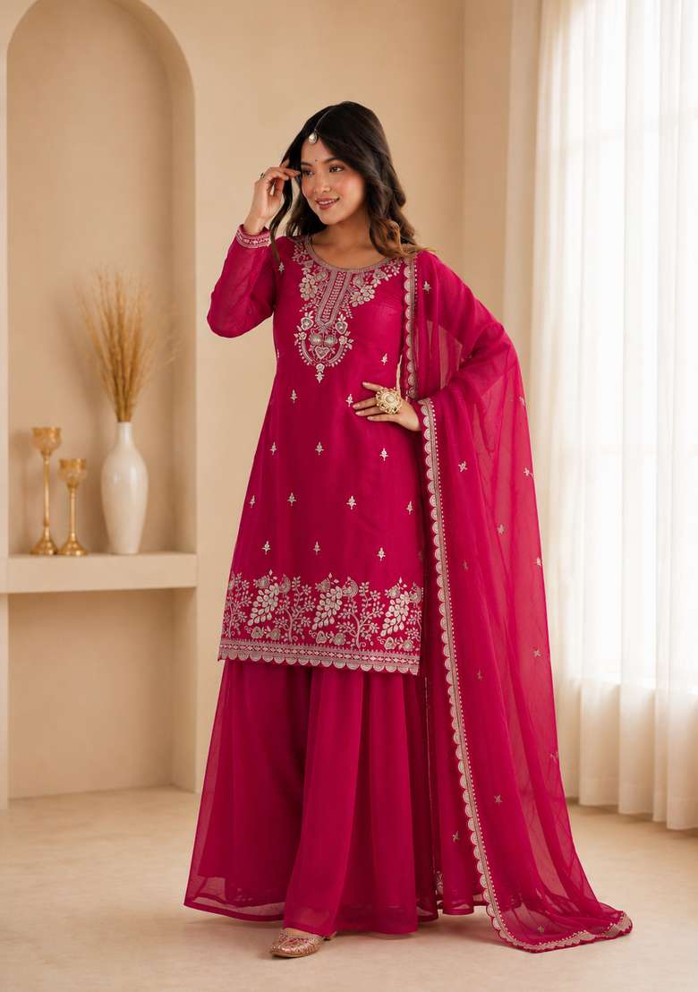 Dark Rani Pink Embroidered Silk Sharara Set - Indya