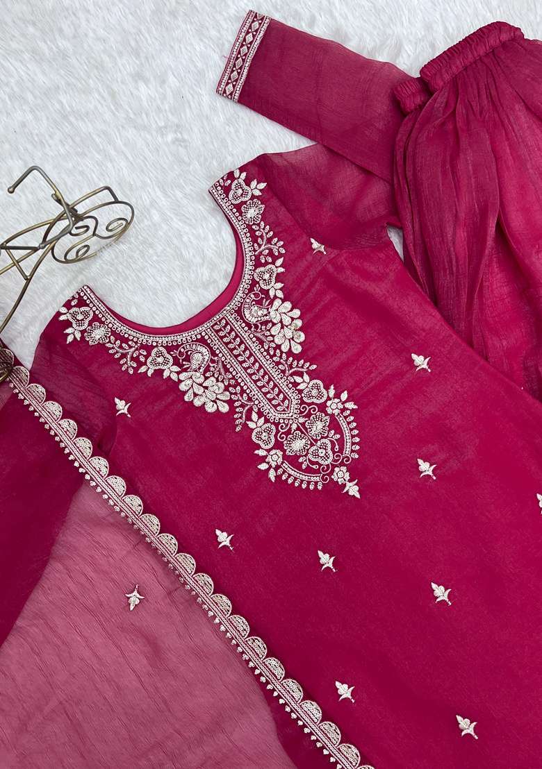 Dark Rani Pink Embroidered Silk Sharara Set - Indya