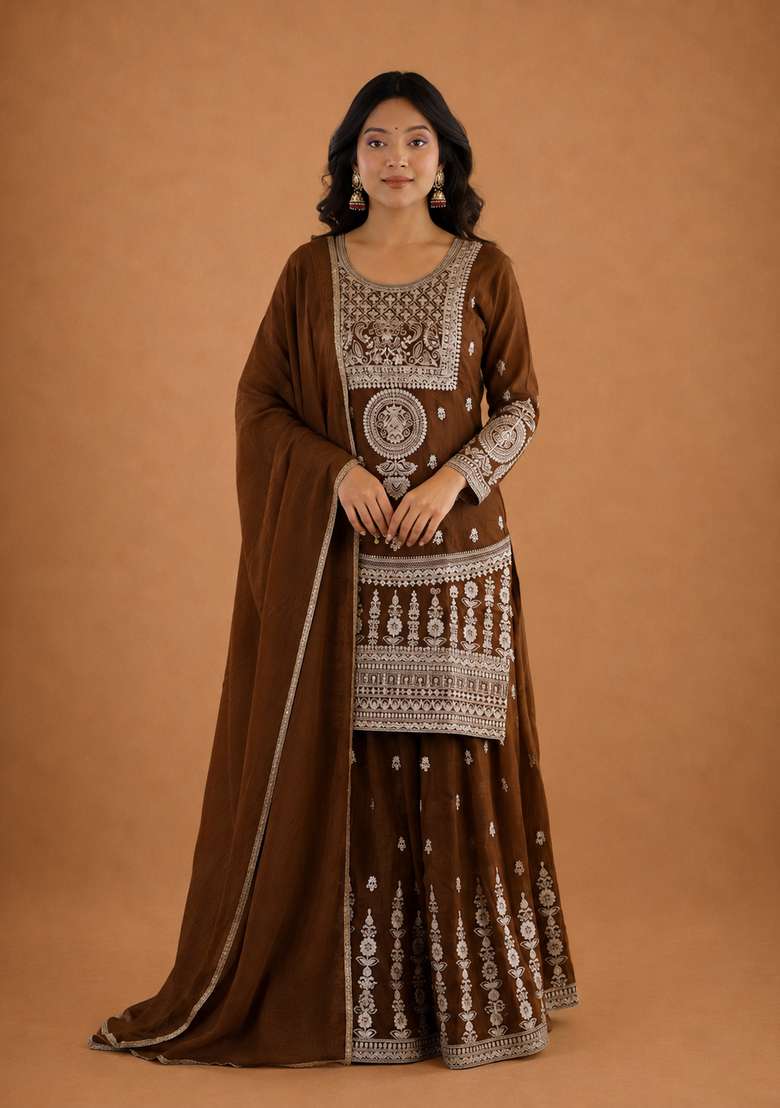 Dark Brown Embroidered Silk Sharara Set - Indya