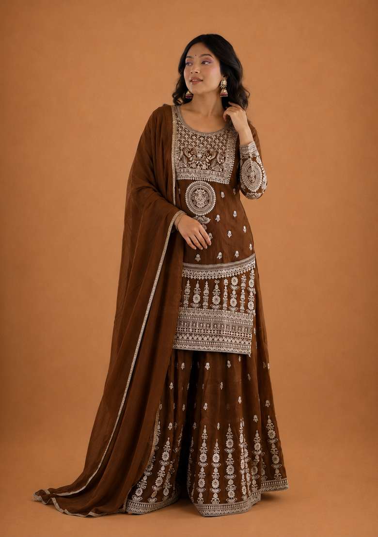 Dark Brown Embroidered Silk Sharara Set - Indya