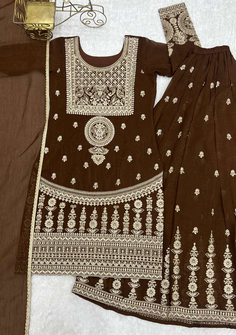 Dark Brown Embroidered Silk Sharara Set - Indya
