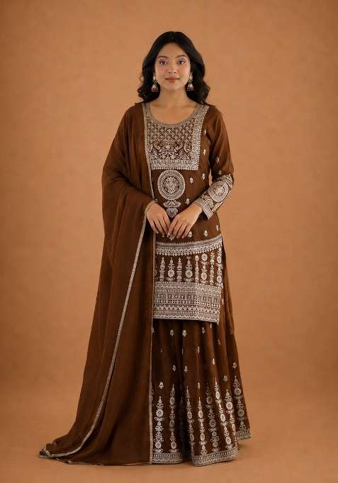 Dark Brown Embroidered Silk Sharara Set