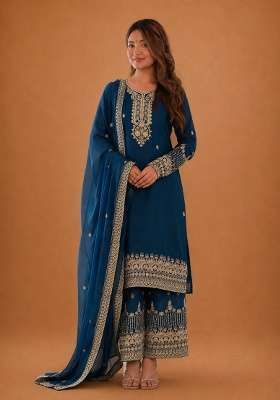 Navy Blue Embroidered Silk Sharara Set