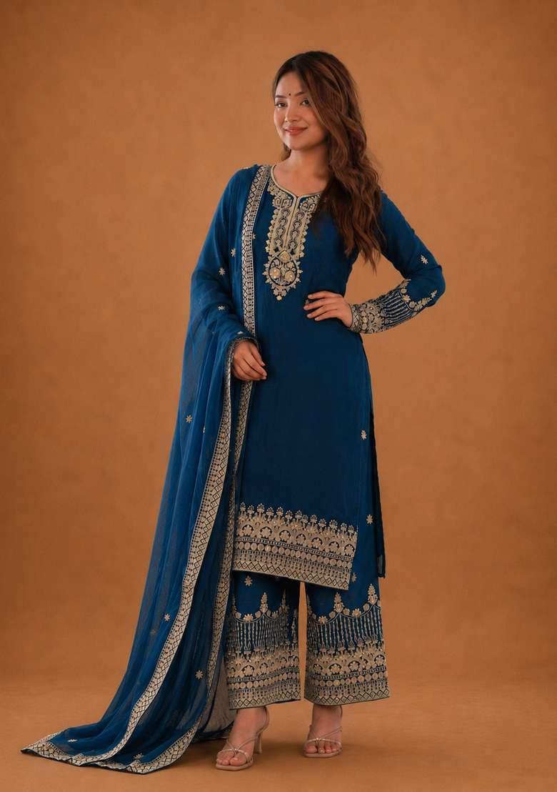 Navy Blue Embroidered Silk Sharara Set - Indya