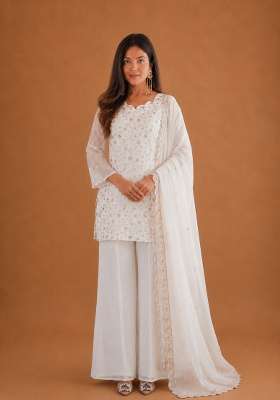 Off White Embroidered Silk Sharara Set
