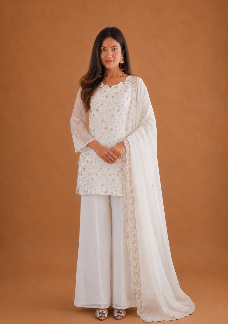 Off White Embroidered Silk Sharara Set - Indya