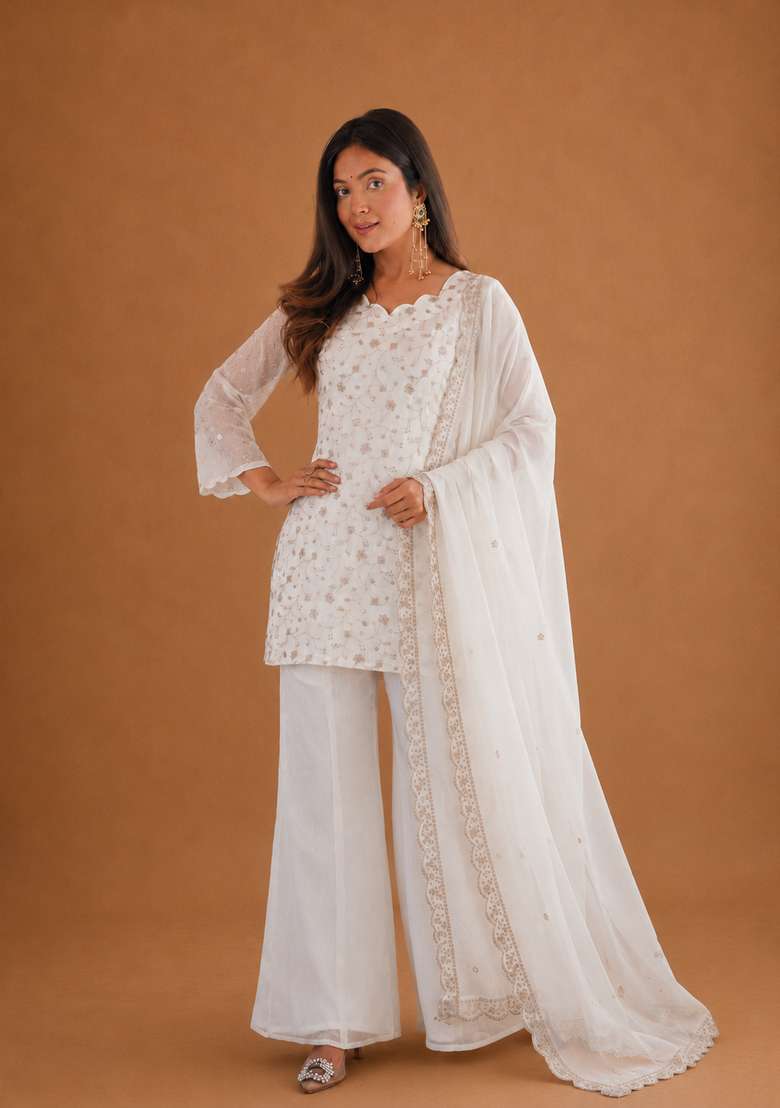 Off White Embroidered Silk Sharara Set - Indya