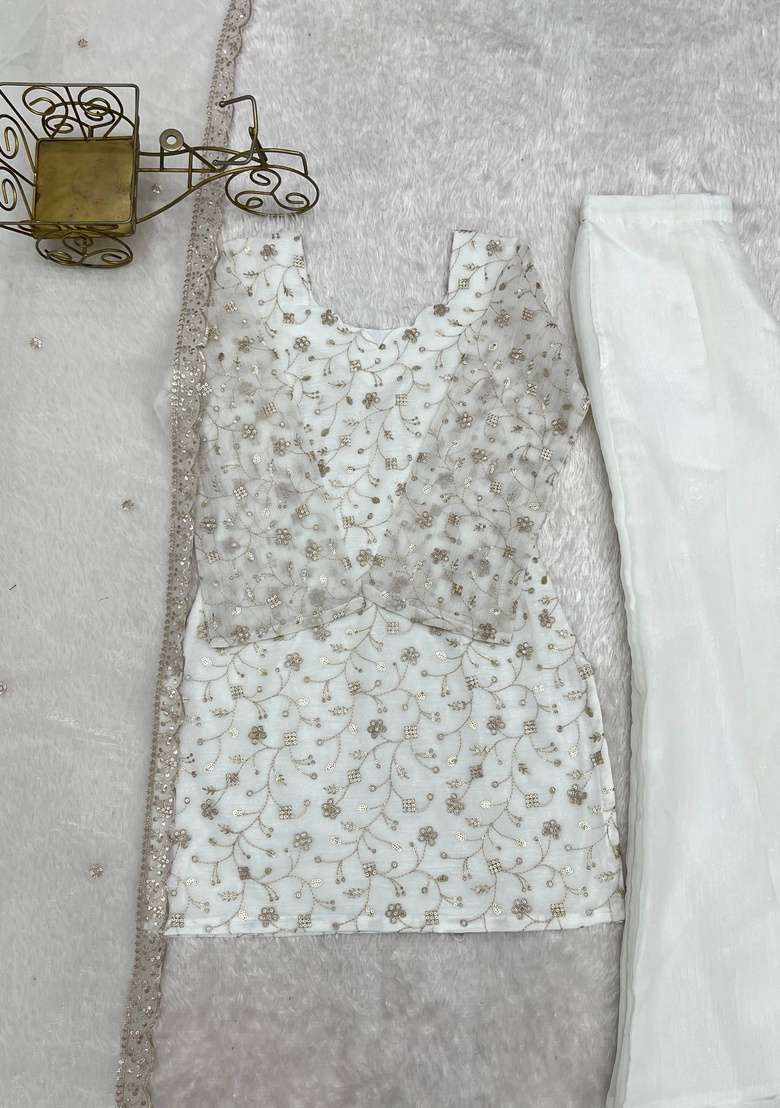 Off White Embroidered Silk Sharara Set - Indya
