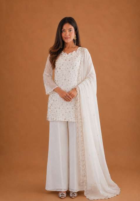 Off White Embroidered Silk Sharara Set