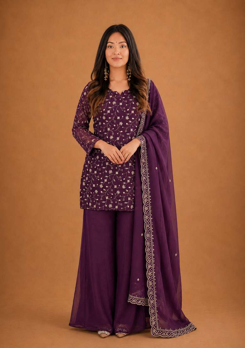 Wine Embroidered Silk Sharara Set - Indya