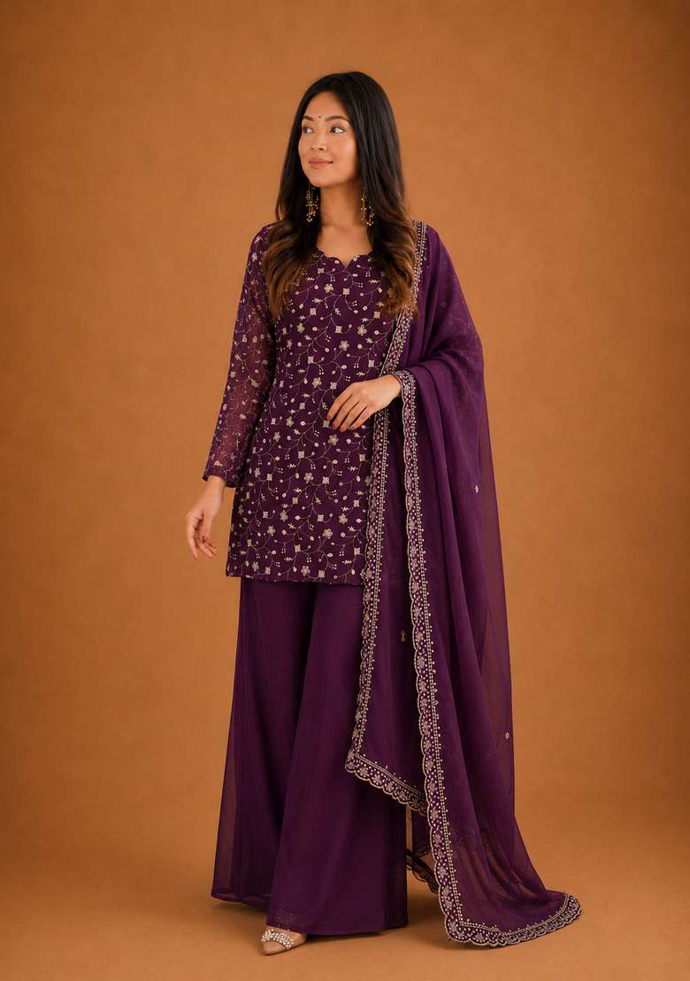 Wine Embroidered Silk Sharara Set - Indya