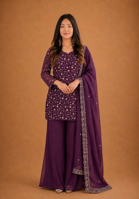 Wine Embroidered Silk Sharara Set