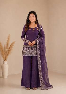 Purple Embroidered Silk Sharara Set