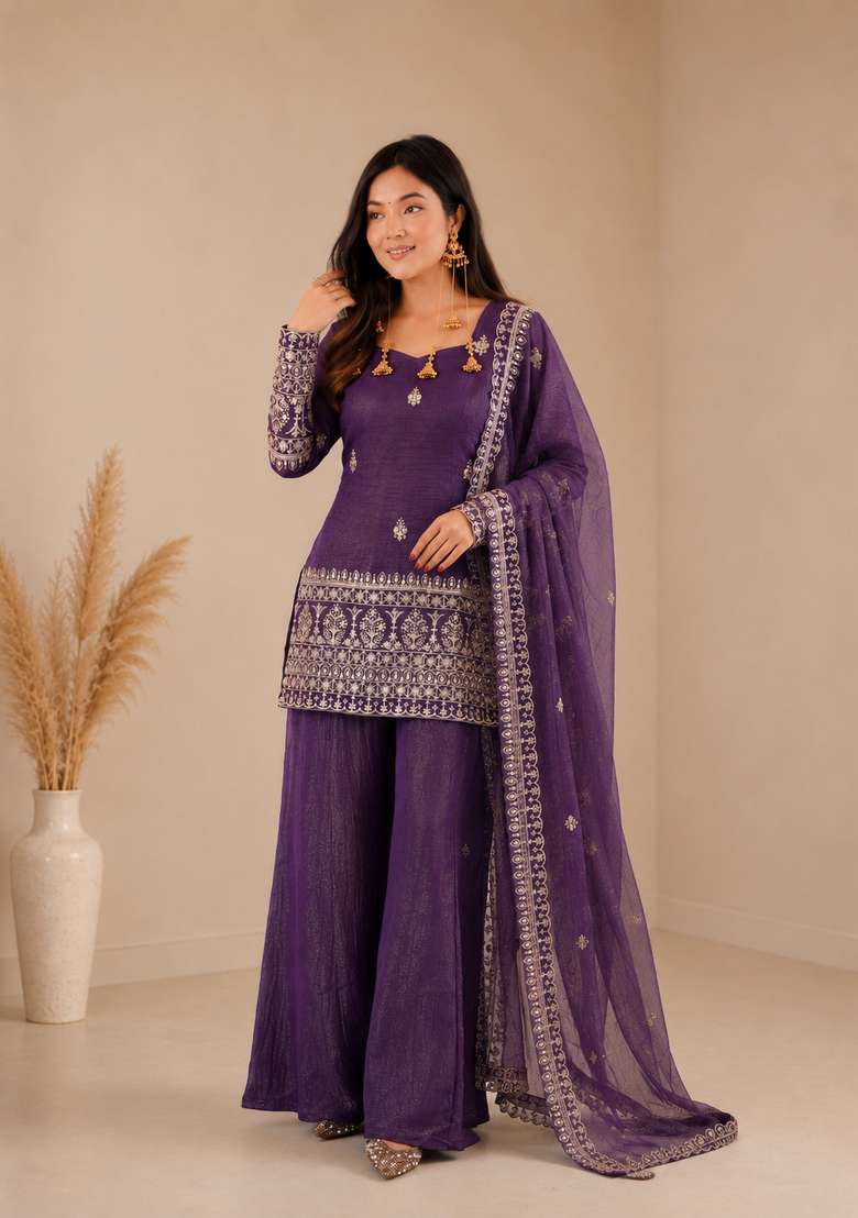 Purple Embroidered Silk Sharara Set - Indya
