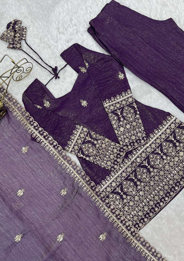 Purple Embroidered Silk Sharara Set - Indya
