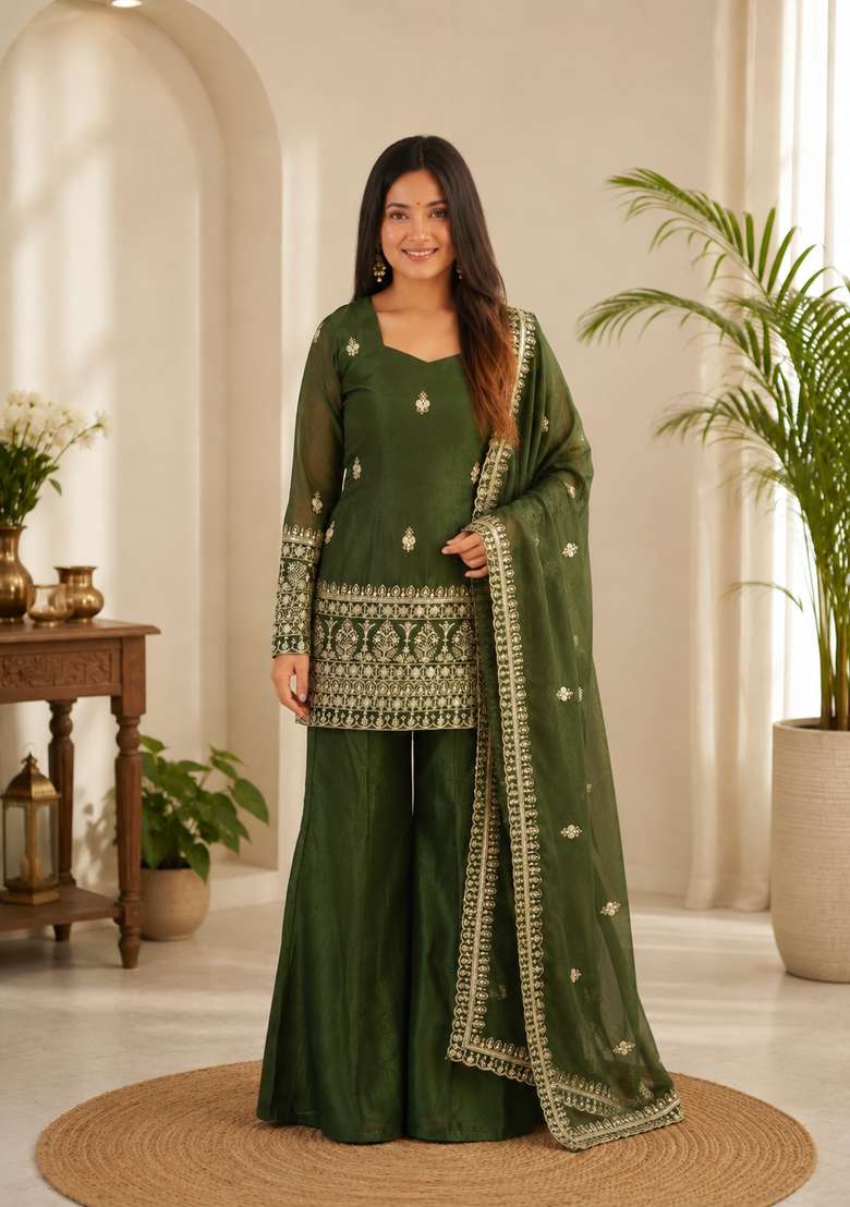 Forest Green Embroidered Silk Sharara Set - Indya