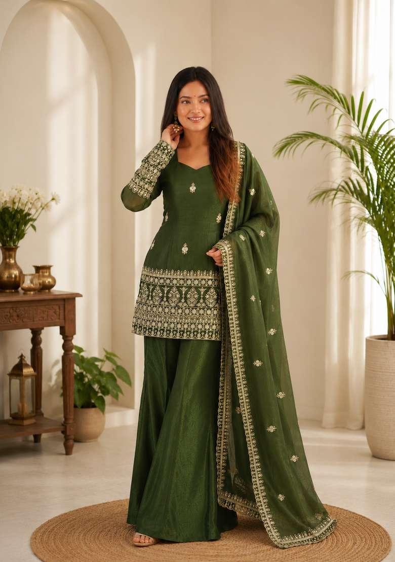 Forest Green Embroidered Silk Sharara Set - Indya
