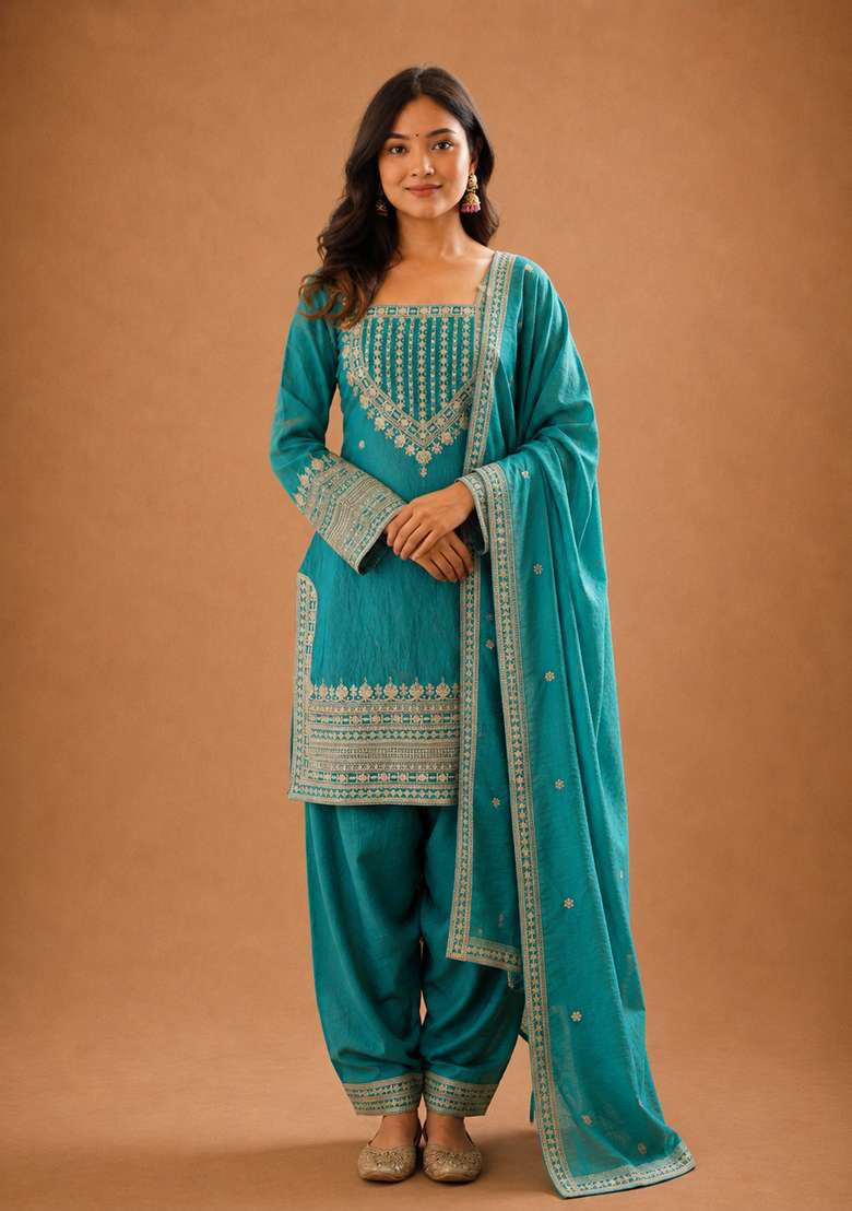 Sea Green Embroidered Silk Sharara Set - Indya