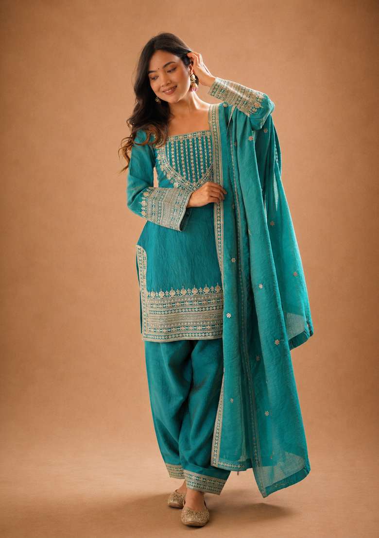 Sea Green Embroidered Silk Sharara Set - Indya