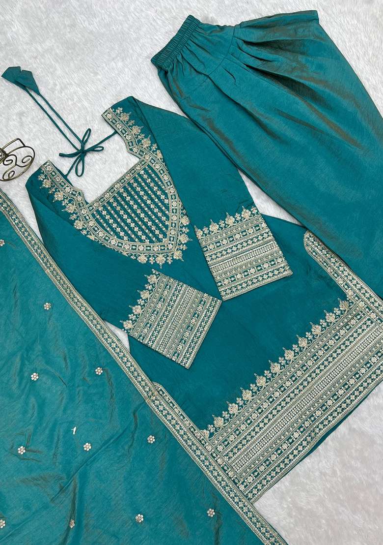 Sea Green Embroidered Silk Sharara Set - Indya