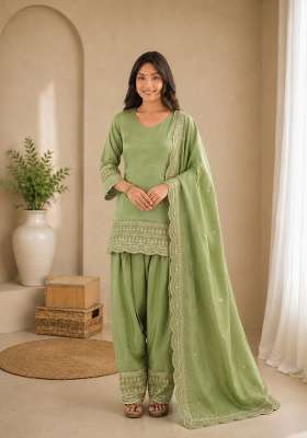Dusty Green Embroidered Silk Sharara Set