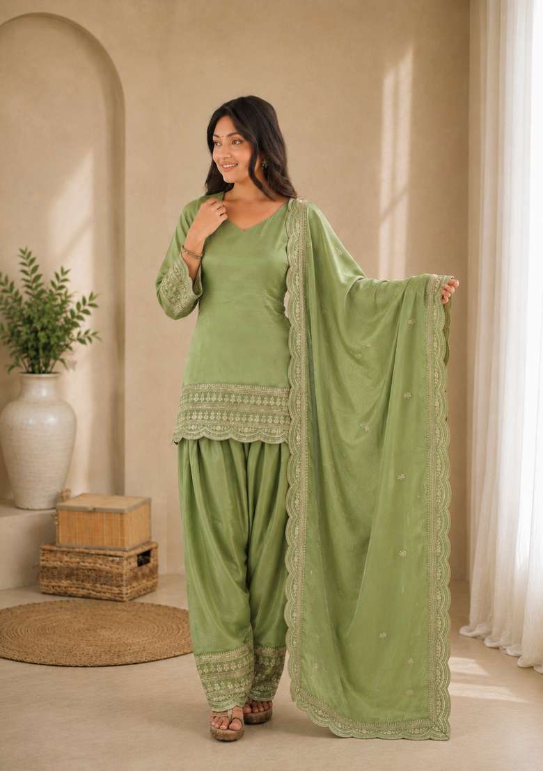Dusty Green Embroidered Silk Sharara Set - Indya