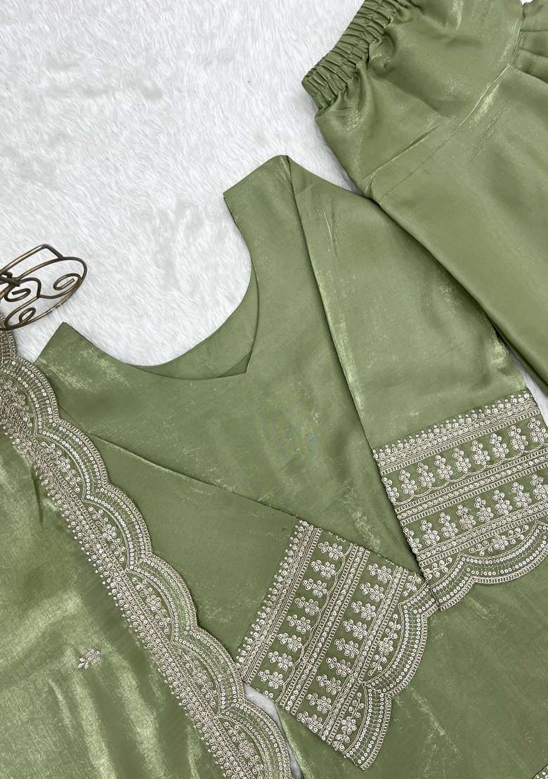 Dusty Green Embroidered Silk Sharara Set - Indya