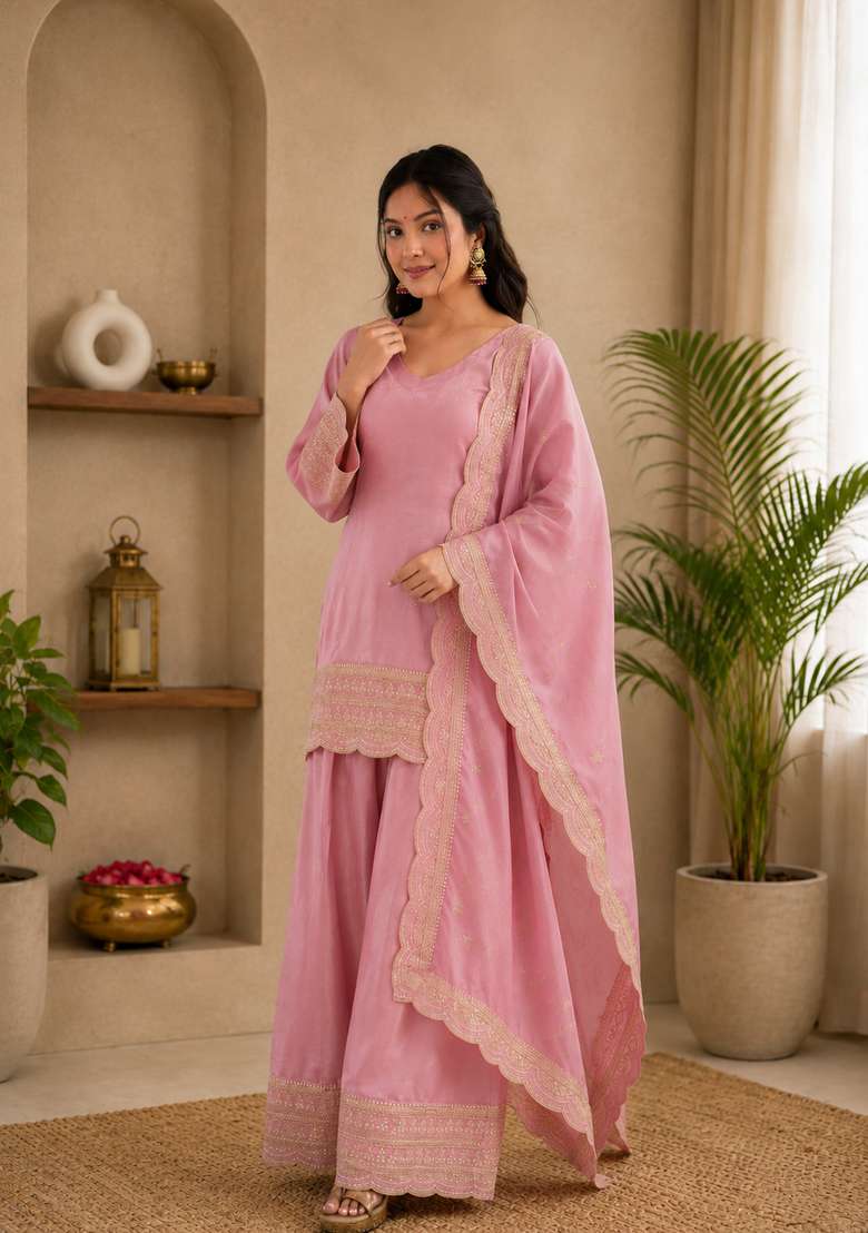 Pink Embroidered Silk Sharara Set - Indya