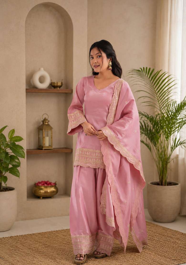 Pink Embroidered Silk Sharara Set - Indya