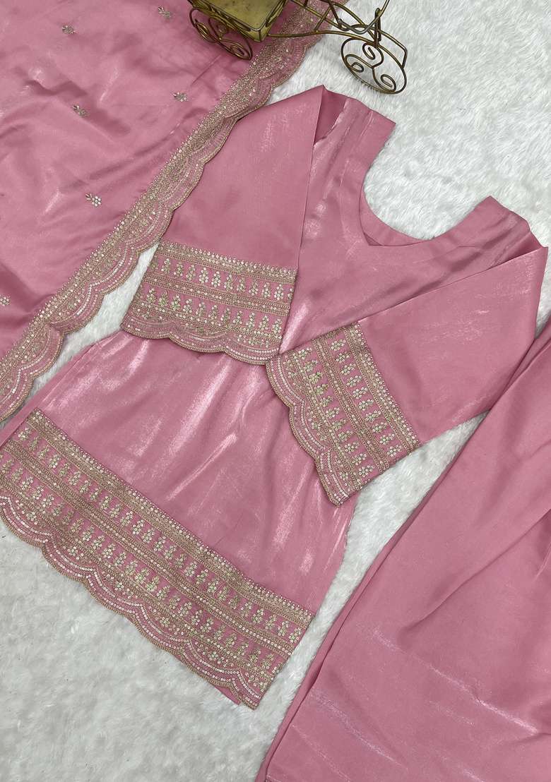 Pink Embroidered Silk Sharara Set - Indya