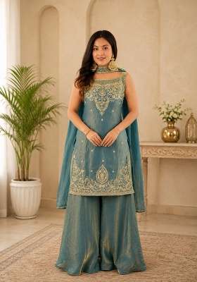 Teal Blue Embroidered Silk Sharara Set